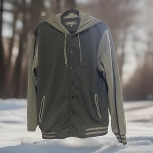 Ring Of Fire Men's Charcoal Grey Fleece Letterman Button Up Hoodie - Sz XL - NWT